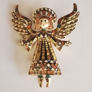 Vintage Bob Mackie Enamel Mosaic Guardian Angel Pin Brooch Gold Tone Signed 80's